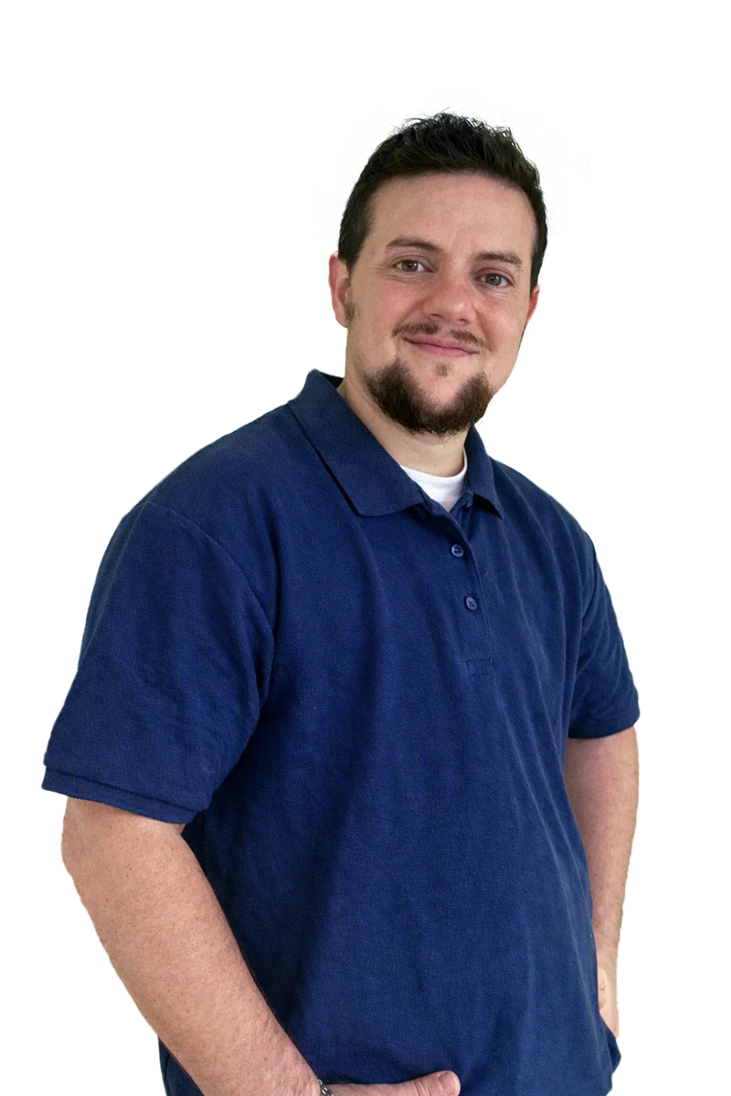 Victor, the handyman, in a blue polo shirt